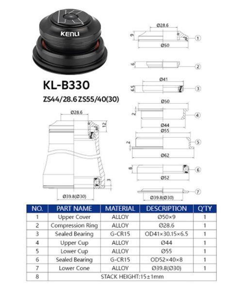 Рулевая колонка б/резьб. п/интегр. 1-1/8&rdquo;-1.5&rdquo;" черный Kenli KL-B330 з переходником под конусный стакан для вилки (30) HSE-160 фото